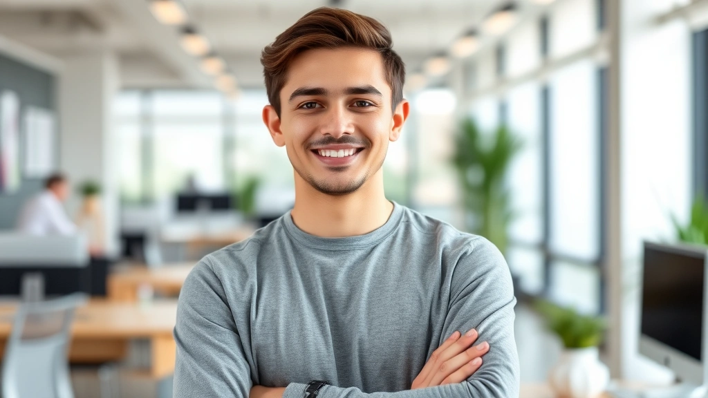 Young professional standing confidently in modern office space, shoulders relaxed with genuine smile, embodying achieved competence and earned self-respect