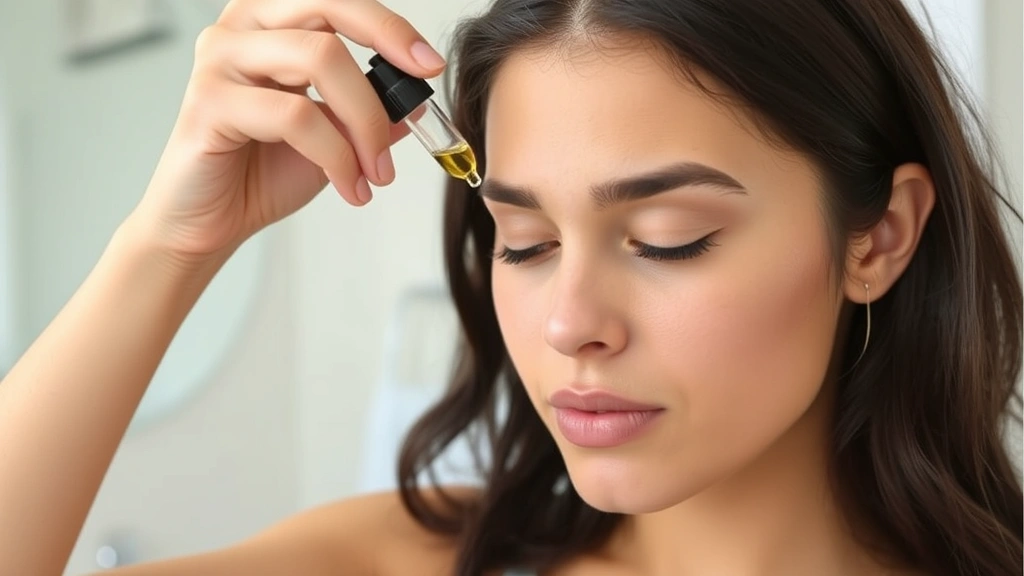 Person applying diluted essential oil to scalp with dropper, focused expression, natural lighting, clean bathroom setting, showing proper application technique without text or labels