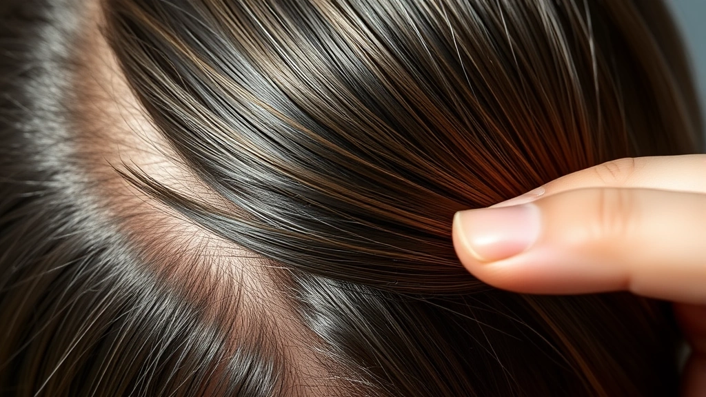 Close-up of healthy scalp with shiny hair strands, person running fingers through hair, demonstrating hair quality and scalp health, natural daylight, professional photography style