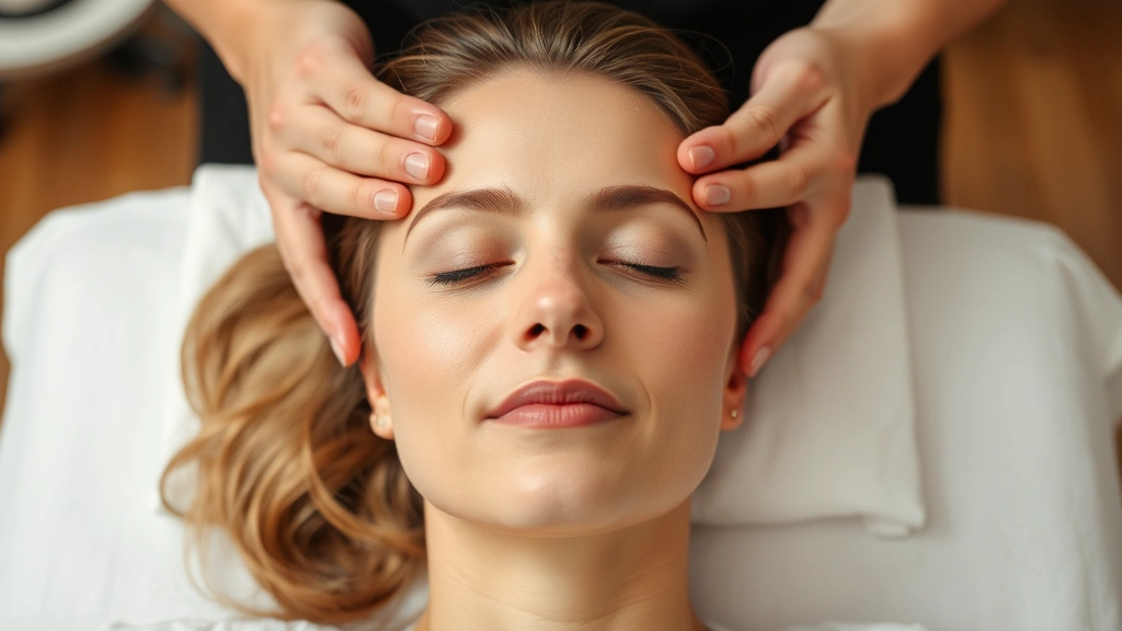 Woman receiving scalp massage with both hands, eyes closed in relaxation, professional setting, demonstrating circulation improvement and treatment application, serene expression