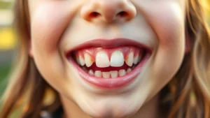 Close-up of a smiling child's face showing mixed primary and permanent teeth erupting naturally, warm lighting, genuine joy expression, outdoor setting with soft natural light