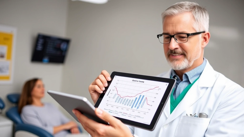 Adult dentist in professional attire examining dental growth chart on tablet with patient in background, bright clinical setting, focused and confident demeanor, showing educational materials