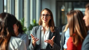 Professional woman in modern office confidently presenting ideas to colleagues, natural lighting, focused expression showing expertise and growth, professional attire, collaborative environment