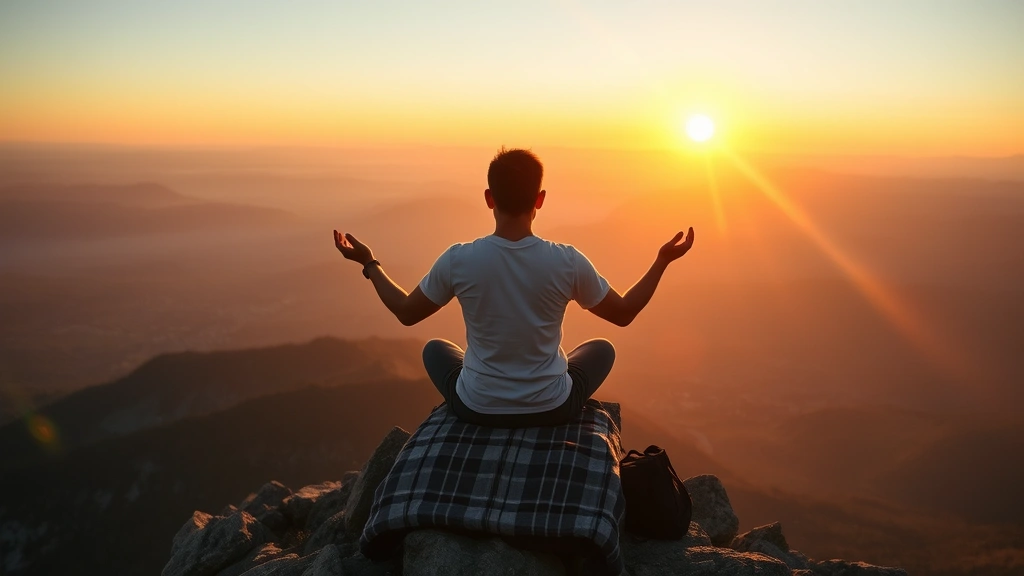 Person meditating on mountain peak at sunrise overlooking vast landscape, peaceful expression, embodying personal transformation and achievement, natural scenery, golden hour lighting