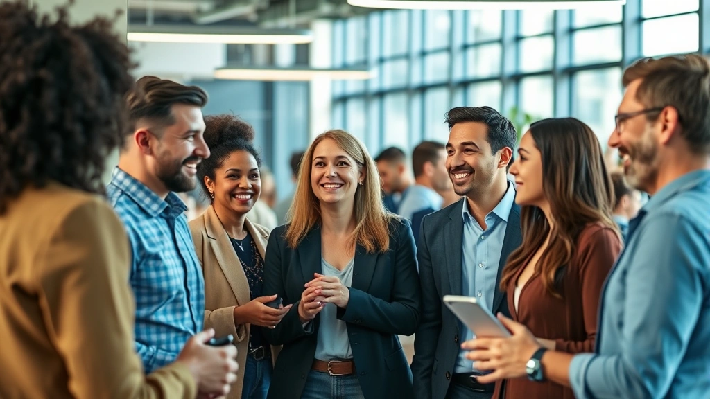 Diverse group of professionals networking and collaborating in contemporary workspace, genuine smiles and engaged conversation, representing relationship building and social capital development