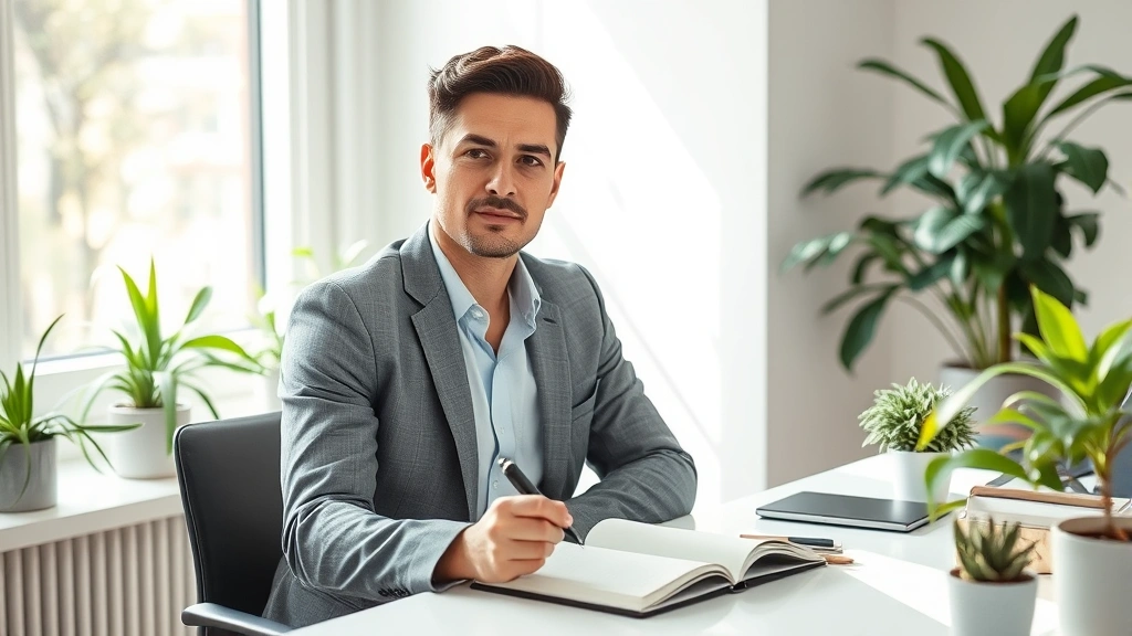 Person sitting at desk with notebook, sunlight streaming through window, looking thoughtful and focused, surrounded by plants and minimalist workspace, professional attire, peaceful expression of determination