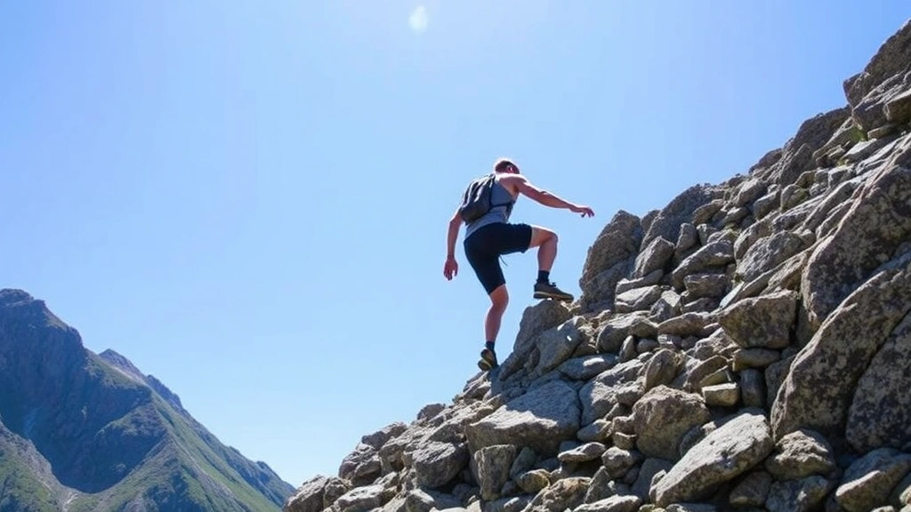 Individual climbing rocky mountain path with clear blue sky, showing progression and upward movement, athletic build, confident posture, natural outdoor setting, morning light, sense of achievement and forward momentum