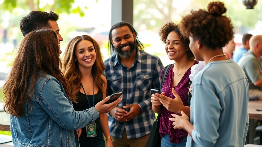 Group of diverse people in circle having meaningful conversation, genuine smiles and engaged body language, casual setting like cafe or park, natural lighting, representing community support and human connection