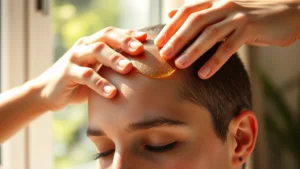 Close-up of hands massaging scalp with oil, person with peaceful expression, natural sunlight streaming through window, showing scalp care routine