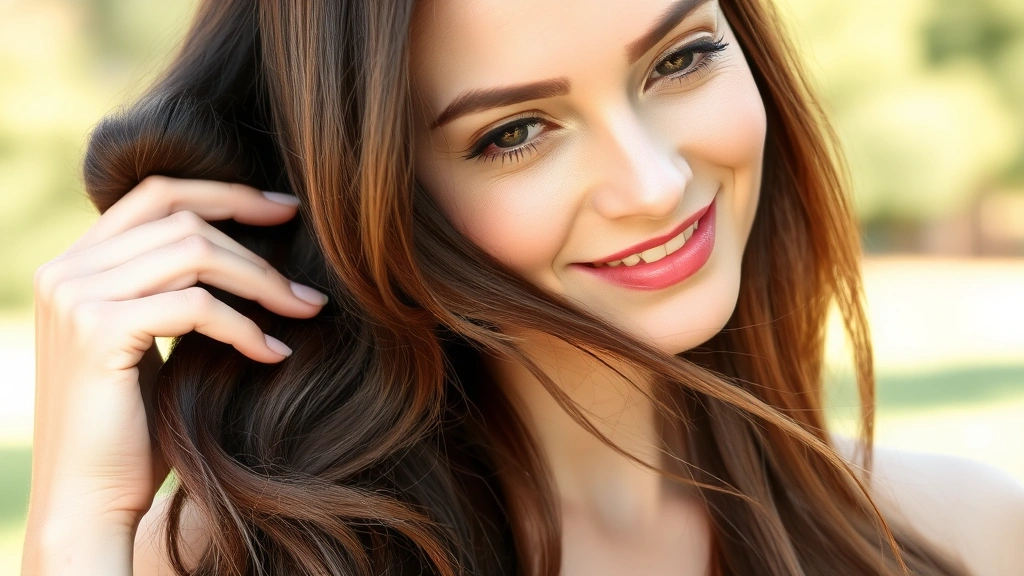 Woman with visibly healthier, shinier hair texture, touching hair confidently, outdoor setting with natural lighting, demonstrating hair health improvement