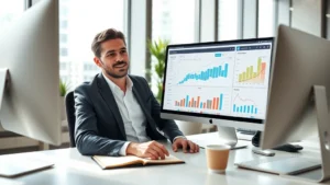 Professional entrepreneur in modern office environment reviewing financial charts and growth metrics on computer screen, natural daylight, confident expression, desk with notebook and coffee cup