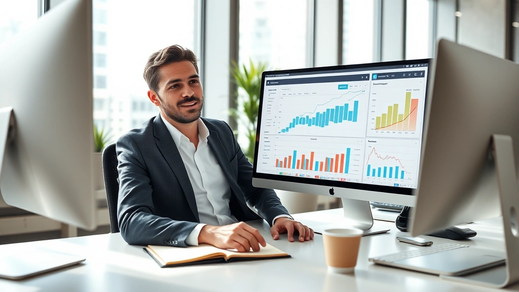 Professional entrepreneur in modern office environment reviewing financial charts and growth metrics on computer screen, natural daylight, confident expression, desk with notebook and coffee cup