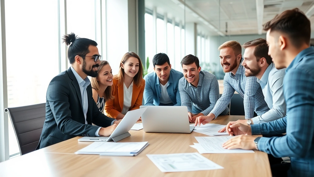 Diverse team collaborating around conference table with laptop and documents, engaged discussion, modern workspace, bright natural lighting, collaborative energy