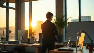 Professional person at standing desk during golden hour, focused and energized, natural sunlight streaming through large window, organized workspace with minimal clutter, subtle productivity tools visible but not dominant, confident posture suggesting flow state