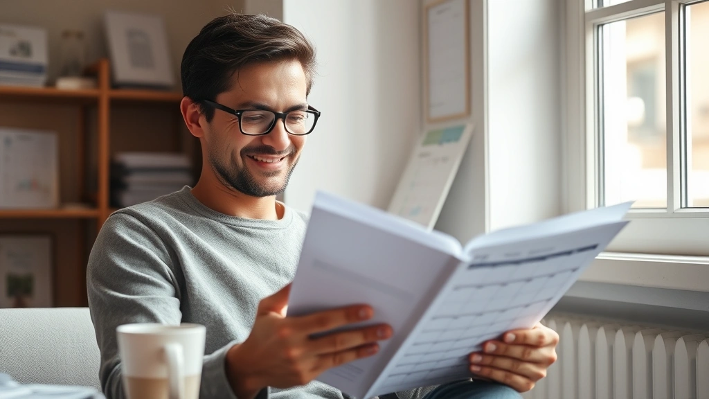 Person reviewing calendar or planner with satisfied expression, coffee cup nearby, natural window light, papers organized in system suggesting structured approach, moment of planning or reflection, warm lighting suggesting sustainable work rhythm, no visible stress or overwhelm