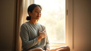 Person sitting peacefully in natural sunlight by a window, hand on heart, serene expression reflecting inner acceptance and self-compassion, warm neutral tones, photorealistic