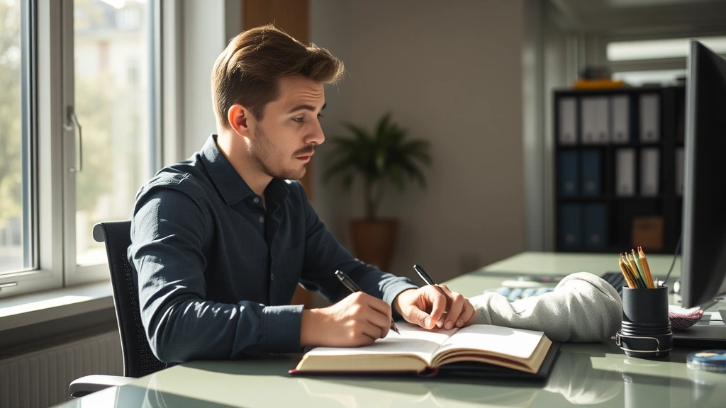 Person sitting at desk writing in journal with morning sunlight streaming through window, focused and contemplative expression, notebook and pen visible, peaceful modern office environment