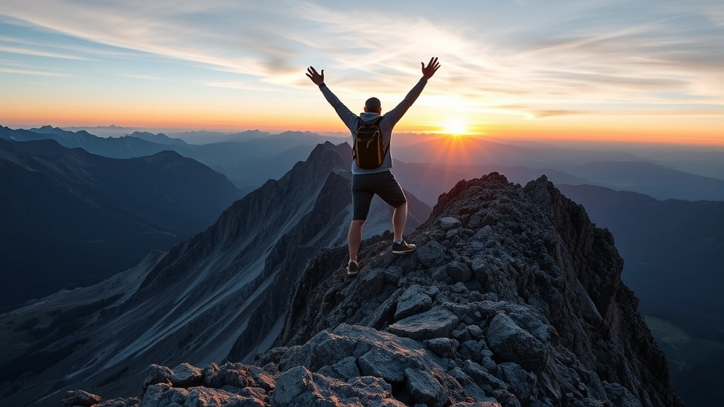 Individual climbing steep mountain path with determination, surrounded by scenic landscape, arms raised in celebration at peak, representing overcoming challenges and achievement