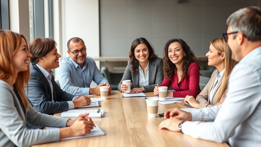 Group of diverse professionals in collaborative discussion around table, engaged in conversation with notebooks and coffee cups, smiling and connected, representing community support and accountability