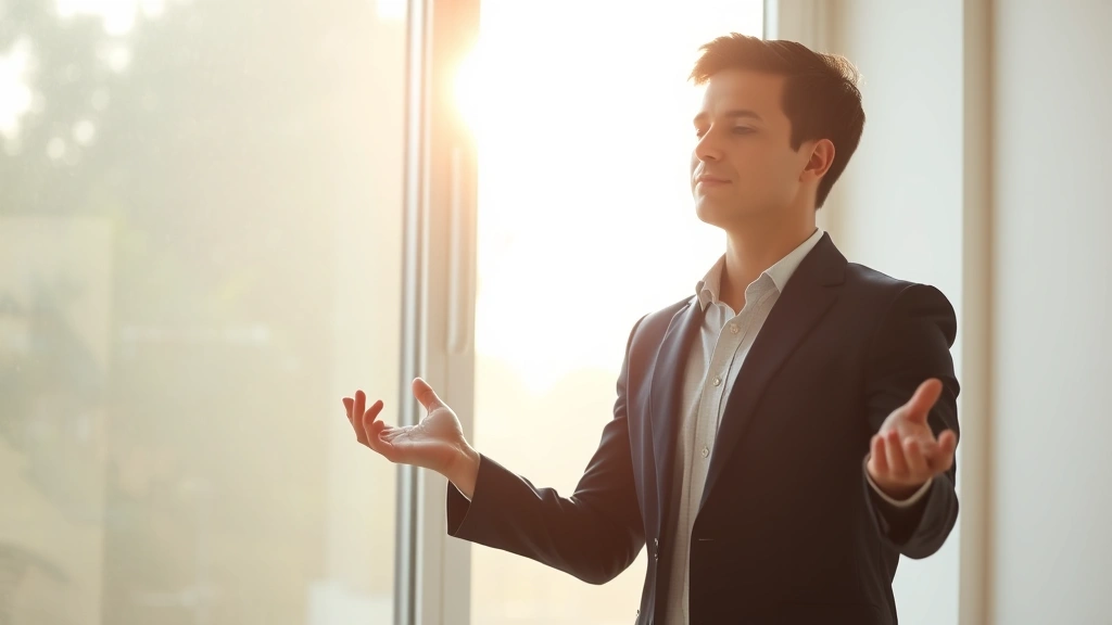 Professional person in morning sunlight by window practicing mindfulness meditation, calm focused expression, natural light creating peaceful atmosphere, no text visible