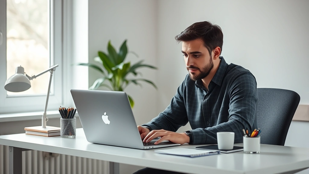 Individual engaged in focused deep work at minimalist desk with laptop, concentrated expression, organized workspace, natural lighting, no distractions visible