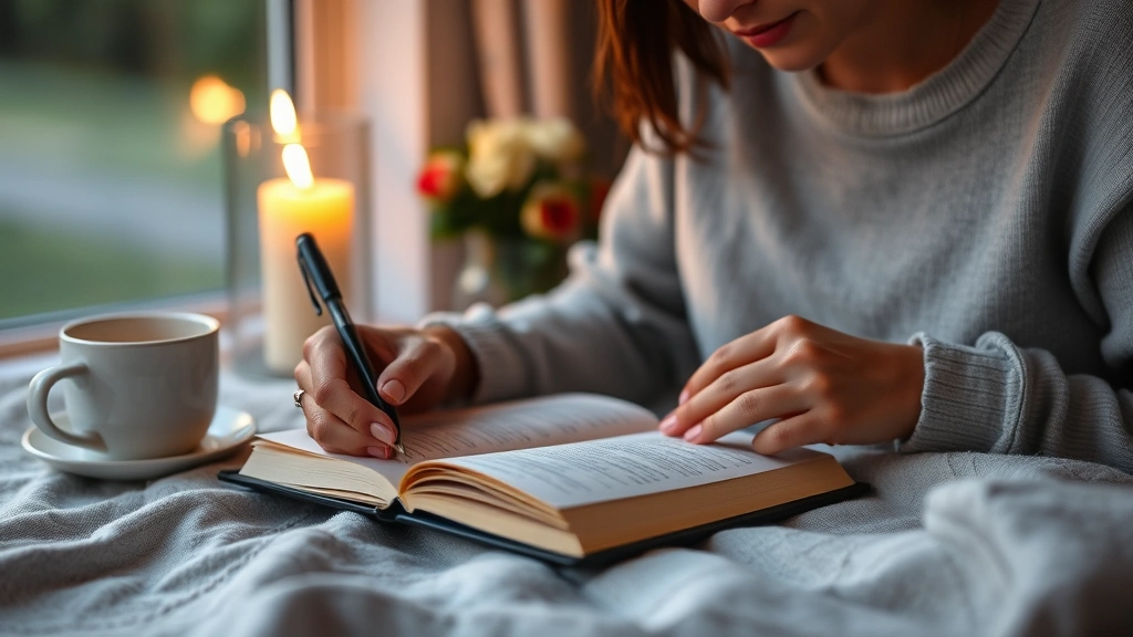 Person journaling in evening light with coffee cup nearby, reflective peaceful moment, candlelit ambiance, genuine contemplative expression, no visible text on pages