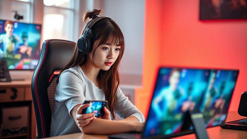 Young woman sitting at gaming desk intensely focused on mobile game screen, professional gaming setup, confident expression, natural lighting from window, personal growth and achievement atmosphere, photorealistic