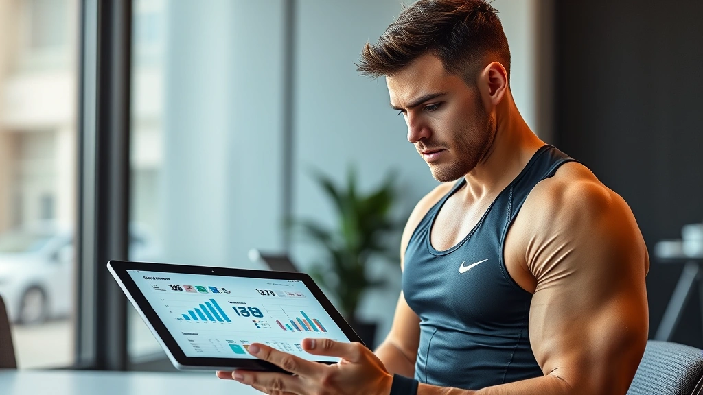Athlete in training gear reviewing performance charts and statistics on tablet, analyzing progress data, determined expression, modern minimalist office environment, strategic planning and optimization theme, photorealistic