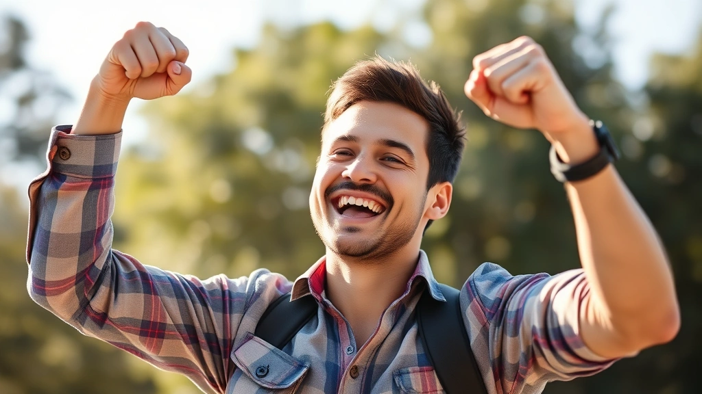 Person celebrating achievement with fist pump, successful moment captured, bright natural background, motivated and energized expression, personal victory and growth milestone, photorealistic