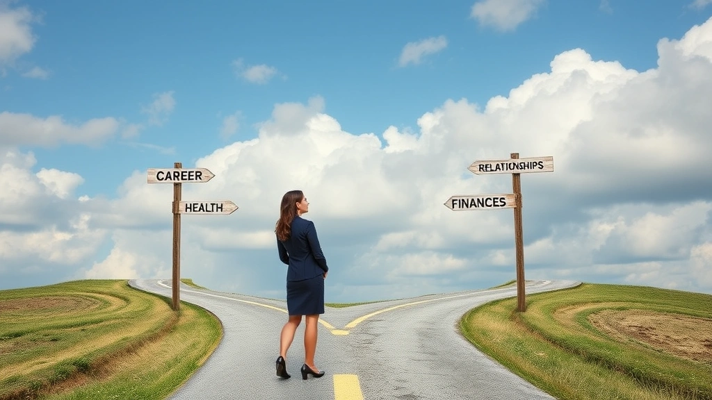 A professional woman at a crossroads looking thoughtfully at different paths representing various life dimensions—career, relationships, health, finances—symbolizing the complexity of uneven personal development