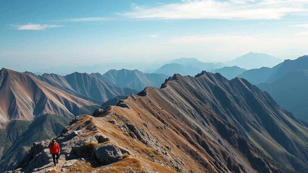 A person climbing a mountain with varying terrain heights, some steep sections and flat plateaus, representing the non-linear journey of personal growth and skill development