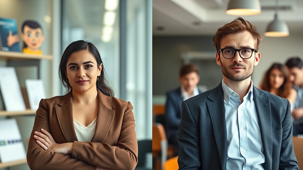 A split-screen showing the same person in different contexts: confidently presenting at work on one side, looking uncertain in a social setting on the other, illustrating internal contradictions of uneven growth