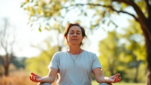 Person meditating peacefully outdoors in natural light, reflecting inner emotional growth and maturity, serene expression showing self-awareness and mindfulness