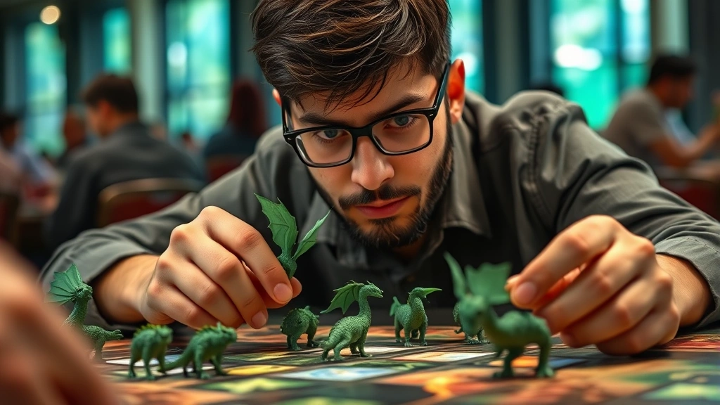 Professional Magic: The Gathering player analyzing game board state with multiple green creature tokens, focused expression, tournament setting, natural lighting
