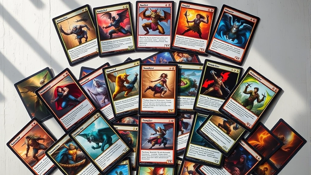 Wide overhead shot of colorful Magic: The Gathering cards arranged in strategic deck formation, multiple creature cards displayed, bright natural light