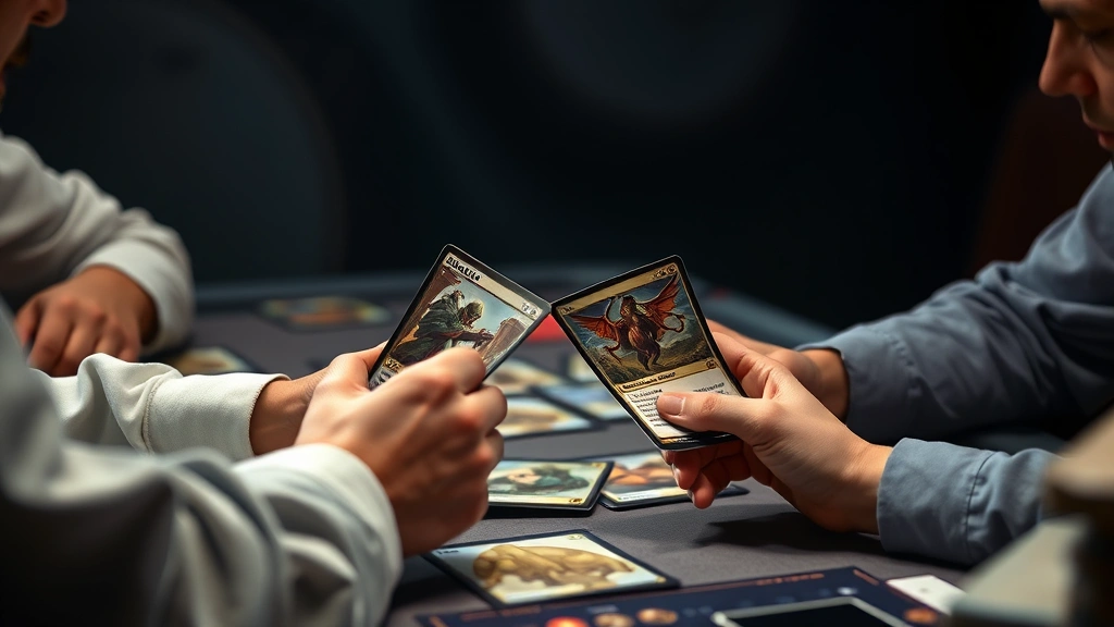 Competitive player's hands holding Magic cards during intense tournament match, concentrated posture, multiple creature cards visible on board, dramatic lighting