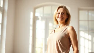 Woman standing confidently in sunlit room, arms relaxed at sides, genuine smile, wearing comfortable clothing, natural lighting through windows, reflecting inner peace and self-acceptance