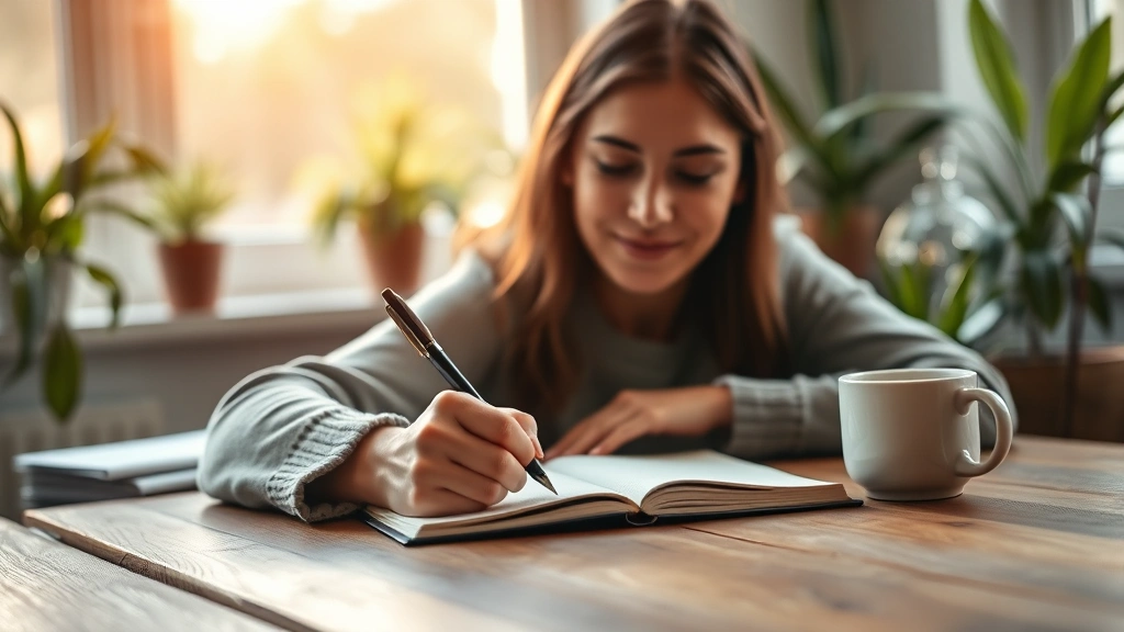Person journaling at wooden desk with warm morning light, hand writing, peaceful expression, coffee cup nearby, plants in background, capturing moment of self-reflection and growth