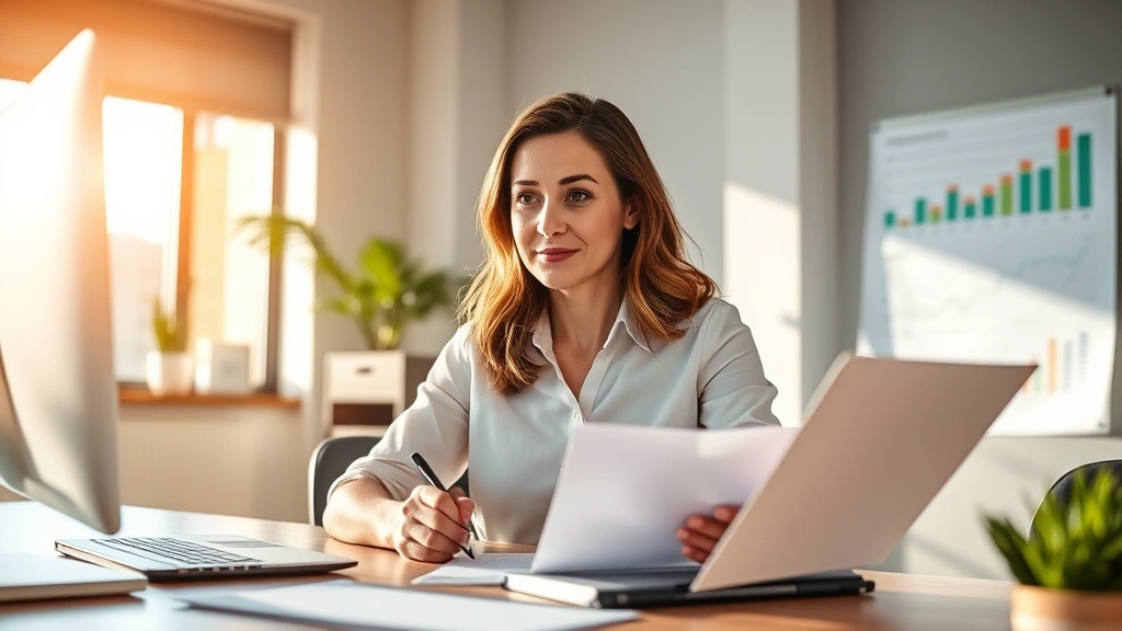 Professional woman at desk reviewing progress charts with focused determination, morning sunlight, modern workspace, hands on notebook, confident expression, growth visualization