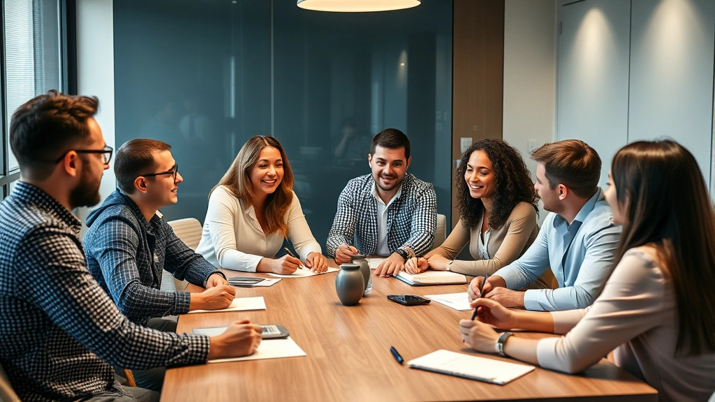 Diverse group of professionals in collaborative discussion around conference table, engaged conversation, note-taking, mutual support and mentorship moment, inclusive environment