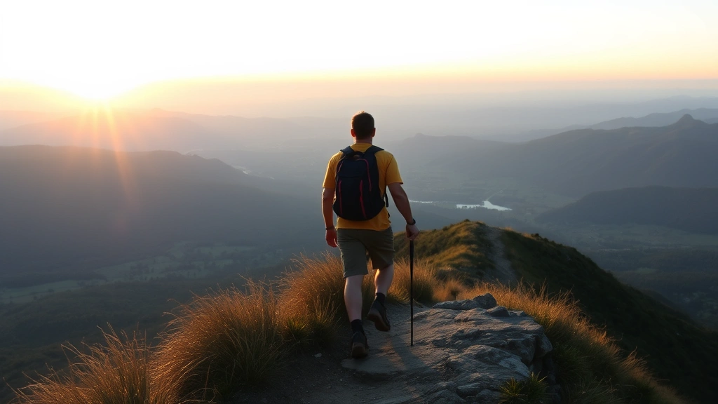 Individual hiking on mountain trail at sunrise, looking toward expansive valley vista, symbolizing personal growth journey, overcoming obstacles, forward momentum, peaceful determination