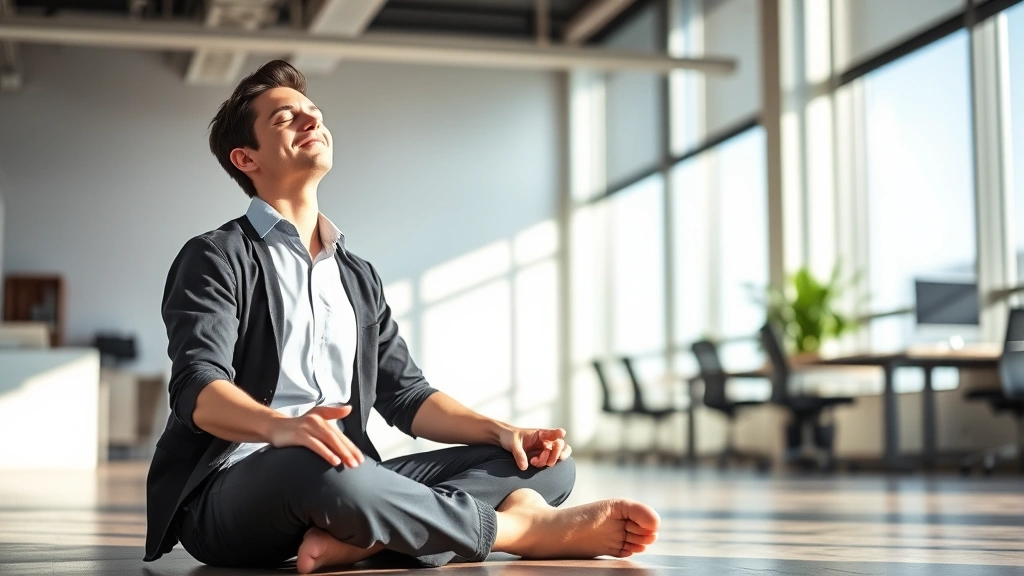 Person sitting cross-legged on office floor during work break, eyes closed in meditation, wearing professional casual clothing, sunlight streaming through window, peaceful expression, modern minimalist office background
