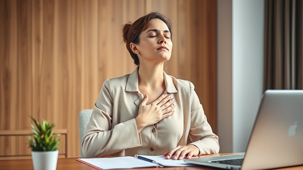 Professional woman at wooden desk with eyes closed, hand over heart, taking conscious breath pause between tasks, laptop nearby, plant on desk, calm focused demeanor, natural office lighting