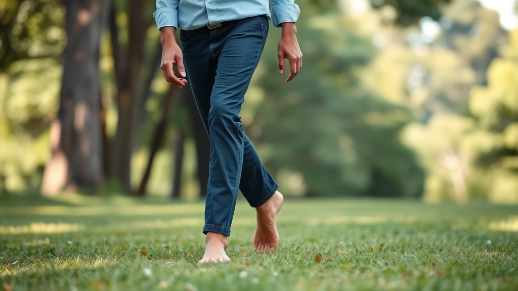 Man walking barefoot on grass during work transition break, eyes focused downward, mindful posture, professional shirt sleeves rolled up, natural outdoor setting, serene expression, trees in soft focus background