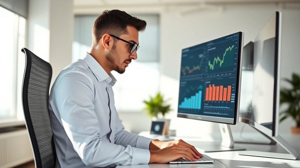 Professional investor reviewing portfolio on modern computer in bright, minimalist office space with financial charts visible on multiple monitors, natural sunlight streaming through windows, focused expression showing confidence and determination