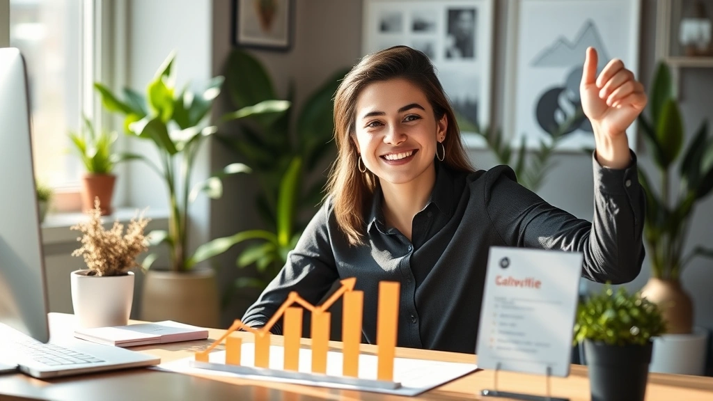 Young professional celebrating financial milestone, genuine smile, sitting at desk with growth charts showing upward trends, modern workspace with plants, bright natural lighting, conveying success and achievement in personal finance