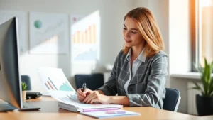 Professional woman reviewing growth charts and metrics on desk with notebook, natural office lighting, focused expression, morning workspace setting