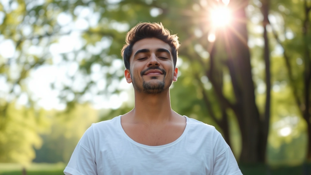 Person meditating outdoors in nature with peaceful expression, sunlight filtering through trees, serene environment, personal development moment