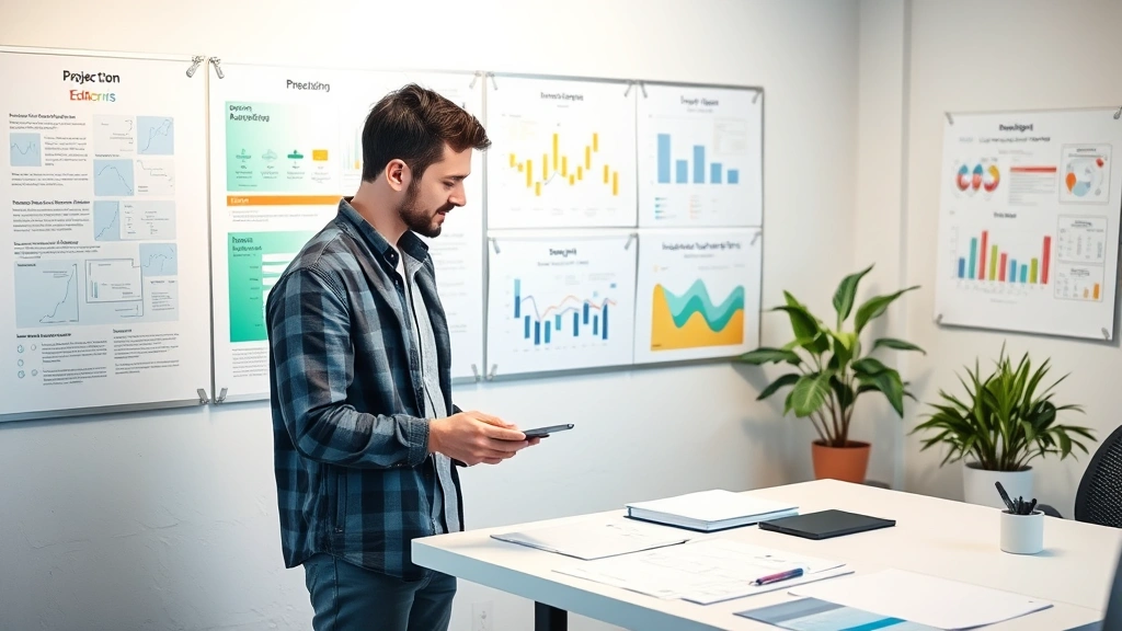 Young professional examining multiple project boards and strategic plans on wall, collaborative workspace, analytical concentration, growth planning session