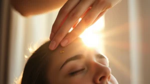 Close-up of hands massaging scalp with golden oil, warm sunlight streaming through window, serene expression, focus on scalp massage technique and oil application